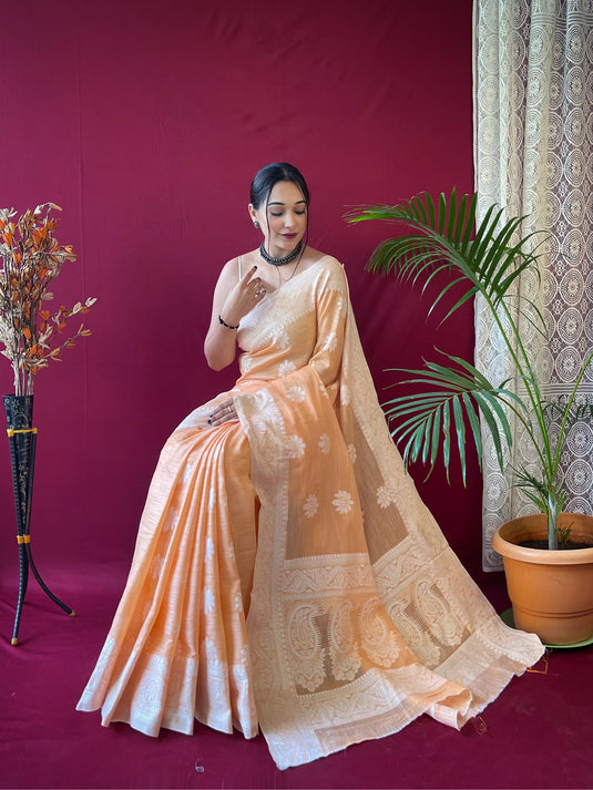 Orange Pure Linen Lucknowi Weaving Saree