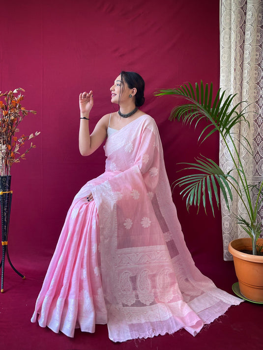 Pink Pure Linen Lucknowi Weaving Saree