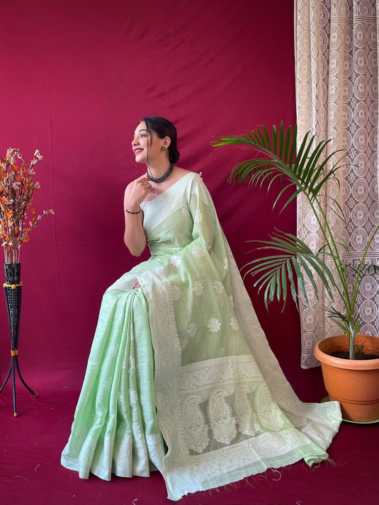 Light Green Pure Linen Lucknowi Weaving Saree