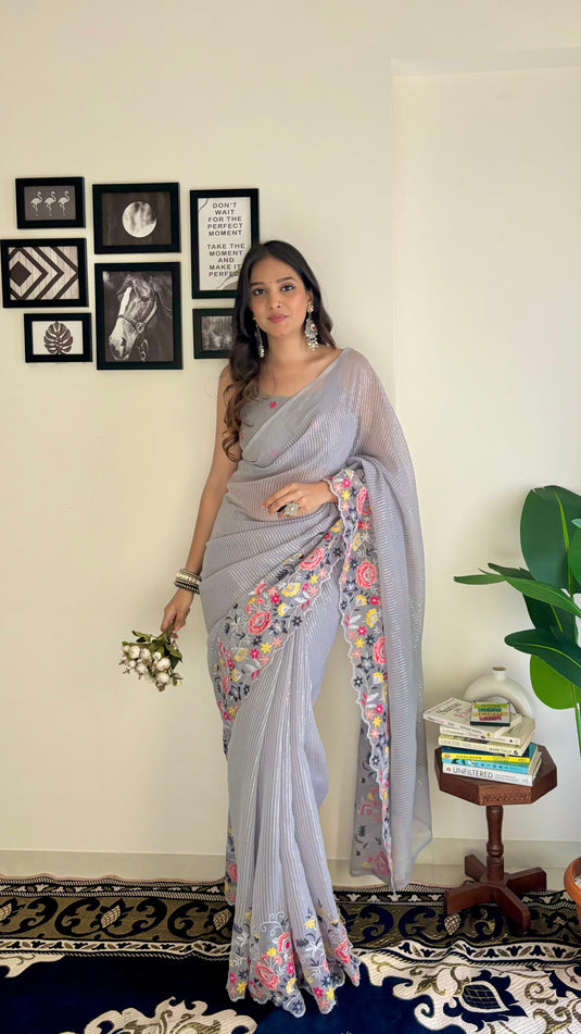 Grey Latest Heavy Georgette Sequence Embroidered Work Saree