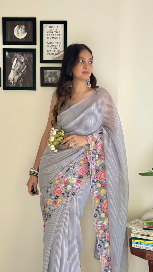 Grey Latest Heavy Georgette Sequence Embroidered Work Saree