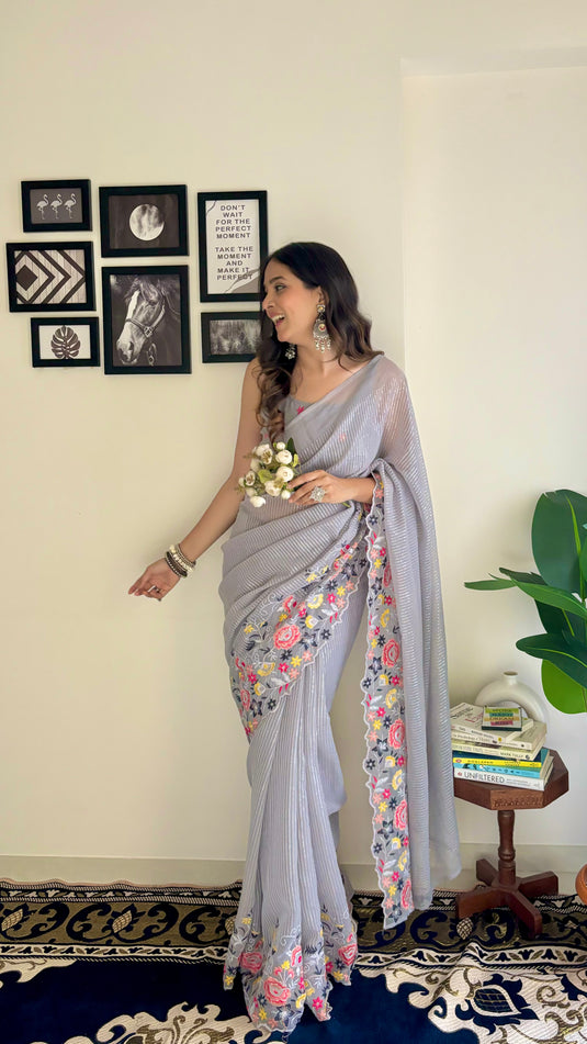 Grey Latest Heavy Georgette Sequence Embroidered Work Saree