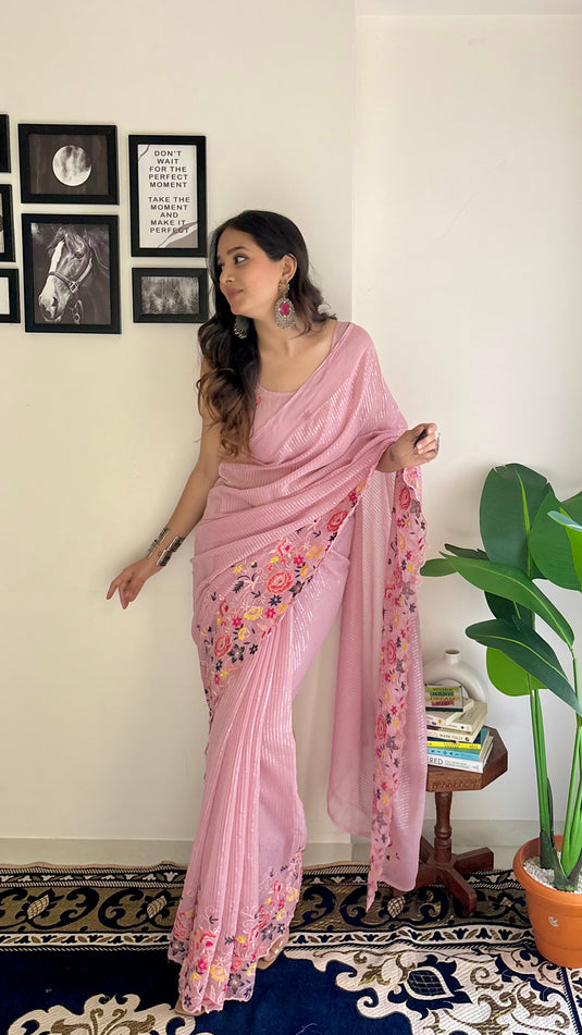 Onion Pink Latest Heavy Georgette Sequence Embroidered Work Saree