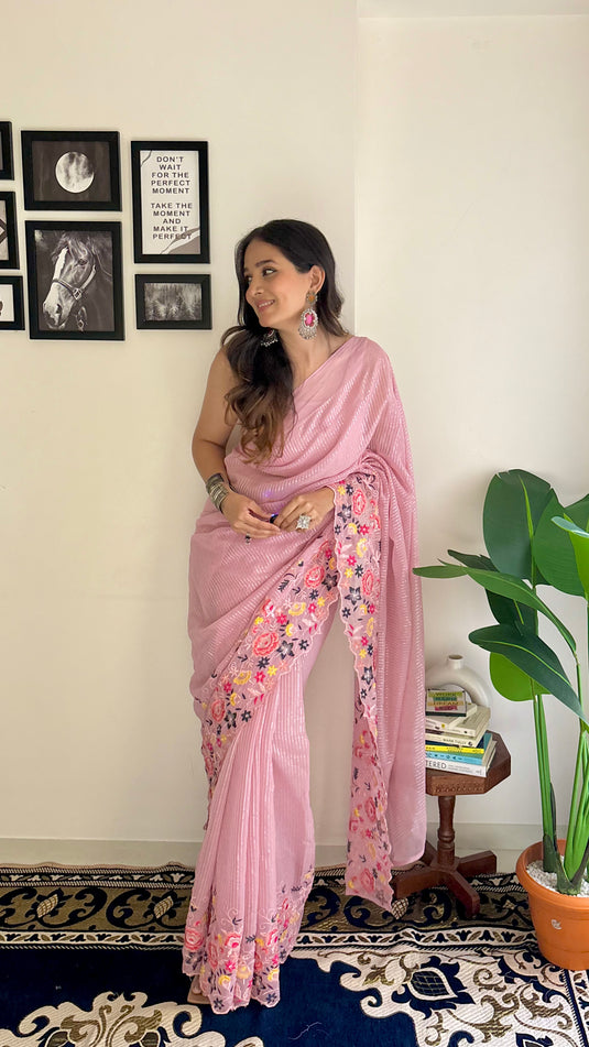 Onion Pink Latest Heavy Georgette Sequence Embroidered Work Saree