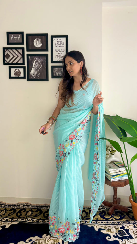 Sky Blue Latest Heavy Georgette Sequence Embroidered Work Saree