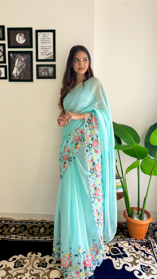 Sky Blue Latest Heavy Georgette Sequence Embroidered Work Saree