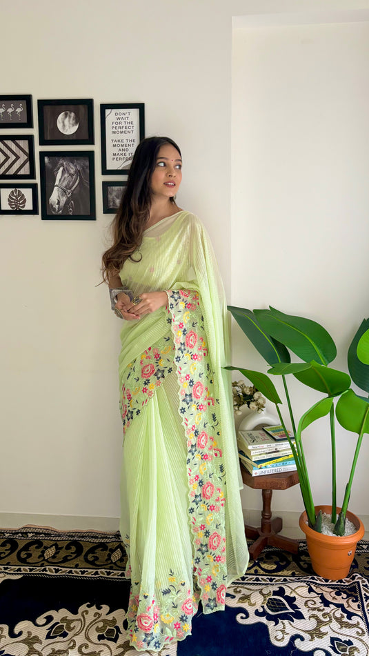 Light Green Latest Heavy Georgette Sequence Embroidered Work Saree