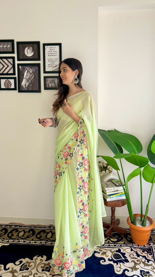 Light Green Latest Heavy Georgette Sequence Embroidered Work Saree