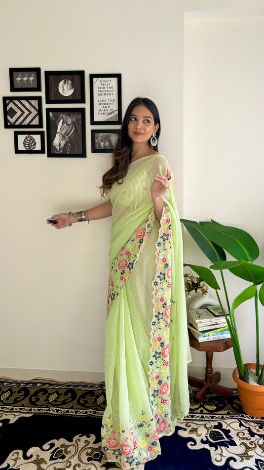 Light Green Latest Heavy Georgette Sequence Embroidered Work Saree