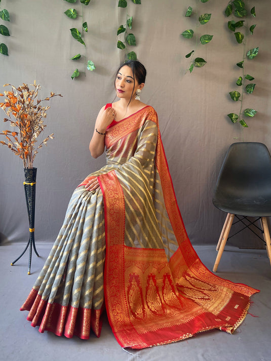 Grey Pure Organza Jacquard Border Saree