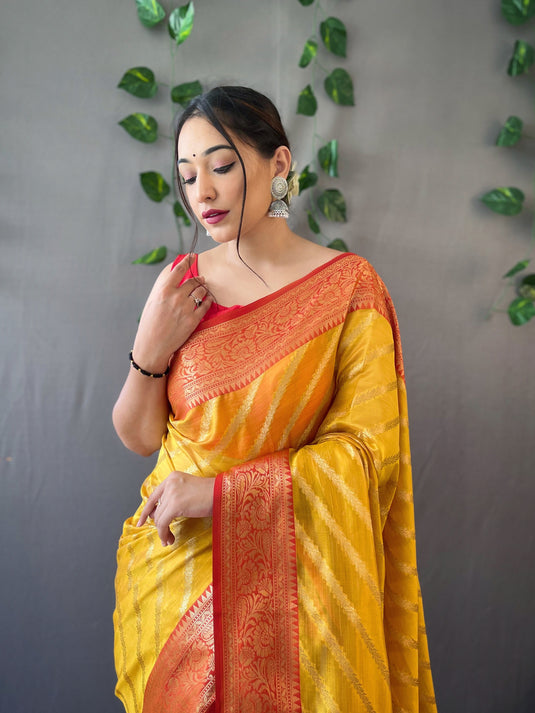 Mustard Yellow Pure Organza Jacquard Border Saree