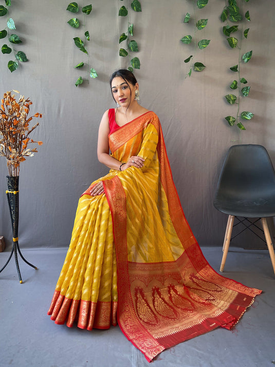 Mustard Yellow Pure Organza Jacquard Border Saree