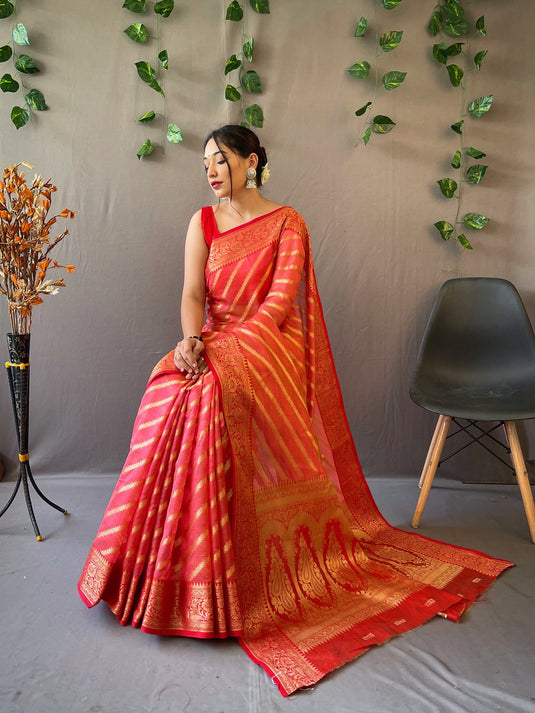 Red Pure Organza Jacquard Border Saree