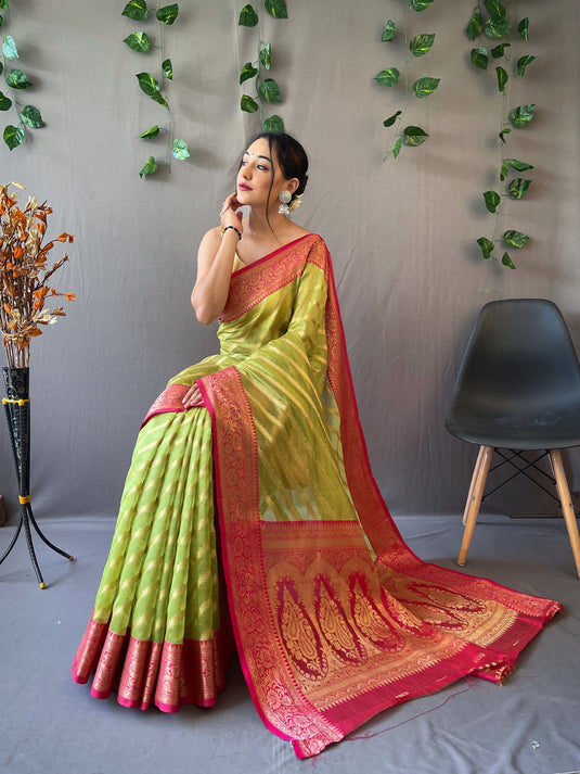 Parrot Green Pure Organza Jacquard Border Saree