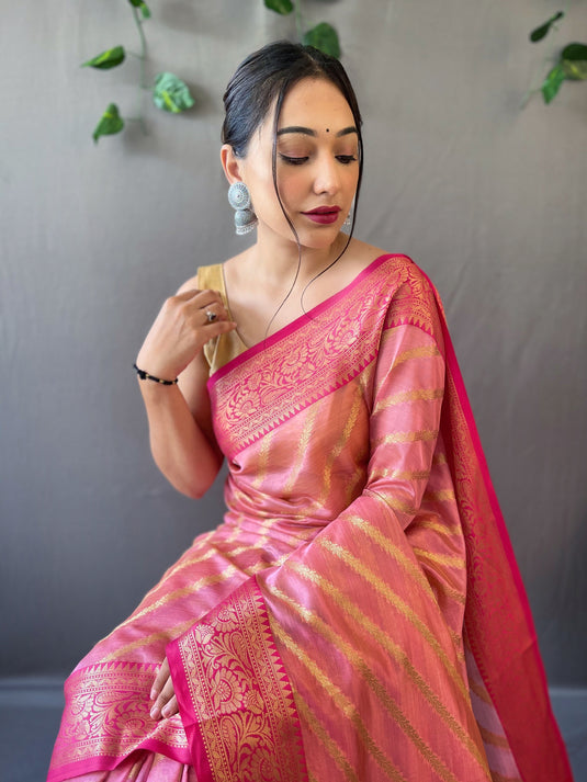 Pink Pure Organza Jacquard Border Saree