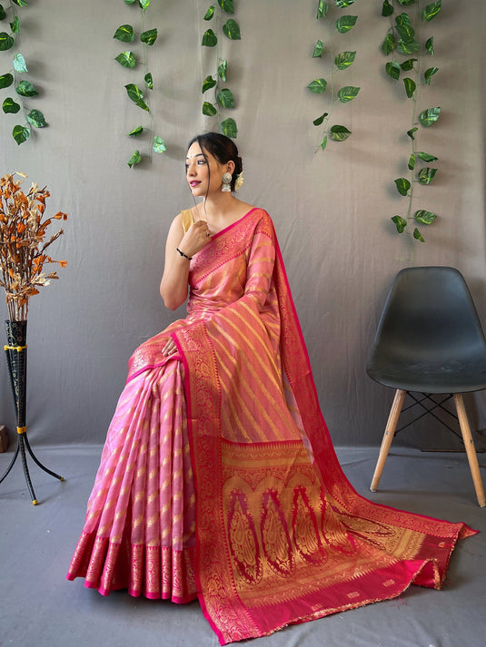 Pink Pure Organza Jacquard Border Saree