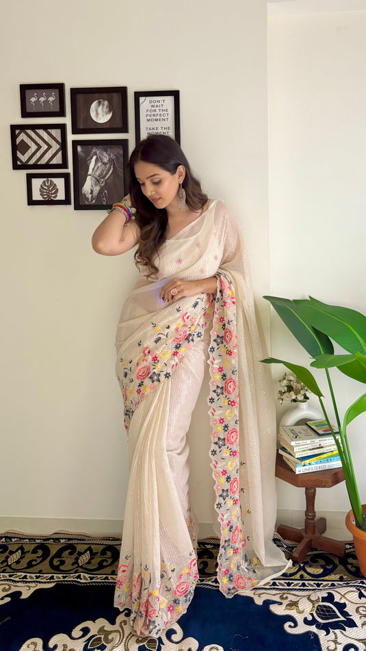 Beige Latest Heavy Georgette Sequence Embroidered Work Saree