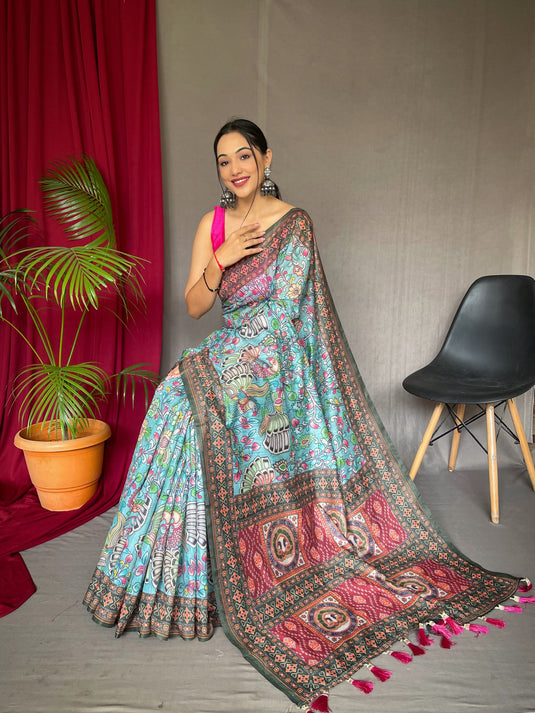 Sky Blue Pure Malai Cotton Traditional Digital Print Saree