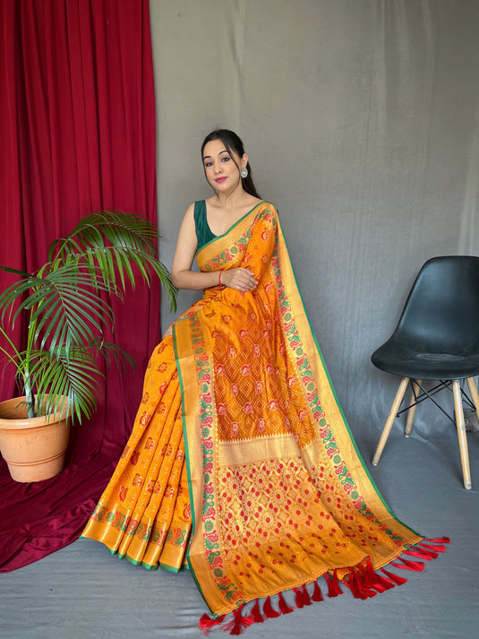 Mustard yellow pure kutchi patola weaving silk saree