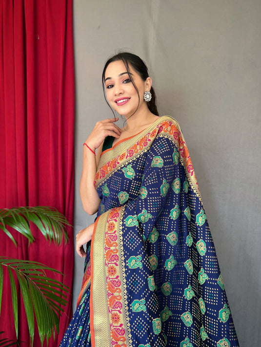 Navy Blue pure kutchi patola weaving silk saree