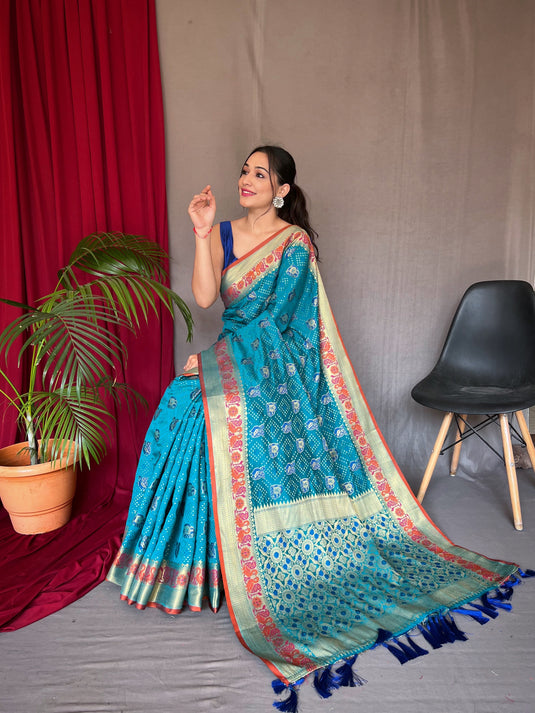 Sky Blue pure kutchi patola weaving silk saree