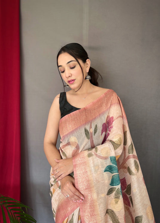 Off-White-Mauve Pure Chanderi Floral Kantha Silk Saree