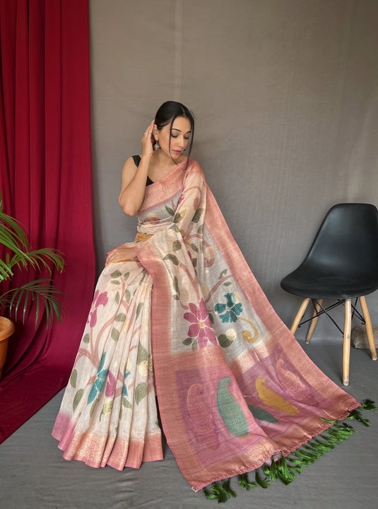 Off-White-Mauve Pure Chanderi Floral Kantha Silk Saree