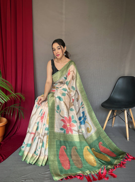 Off White-Green Pure Chanderi Floral Kantha Silk Saree