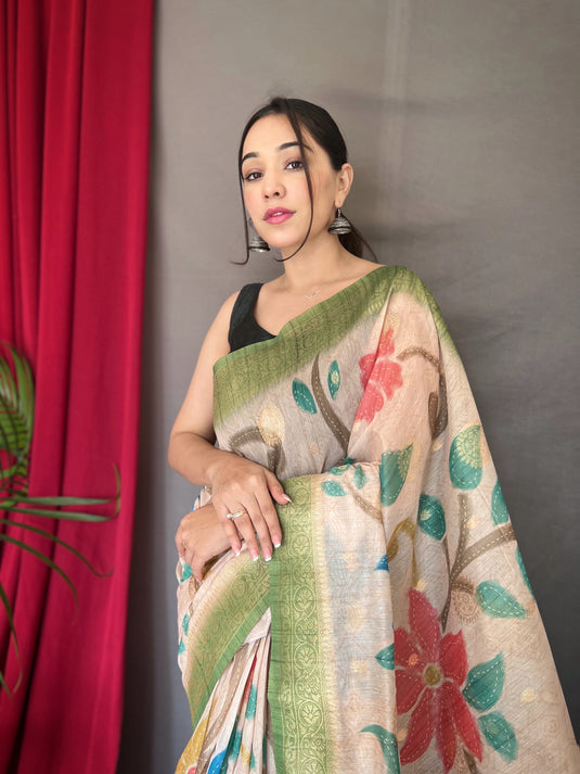 Off White-Green Pure Chanderi Floral Kantha Silk Saree