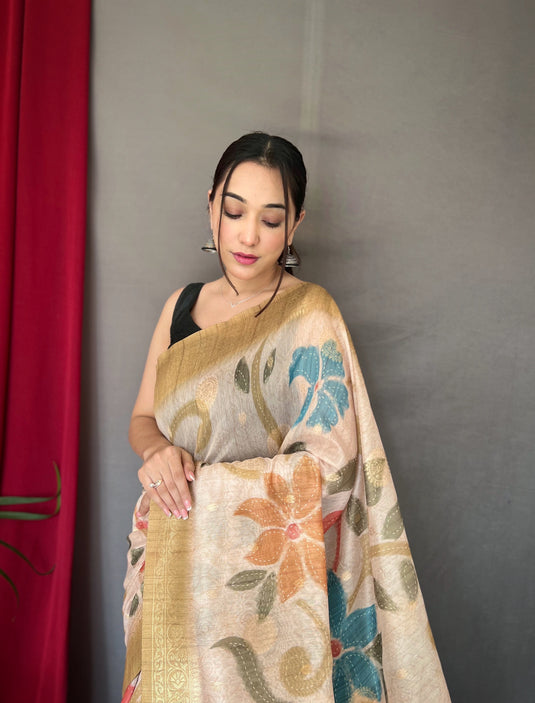 Off White-Golden Pure Chanderi Floral Kantha Silk Saree