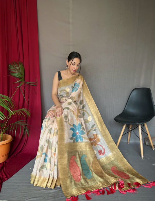 Off White-Golden Pure Chanderi Floral Kantha Silk Saree