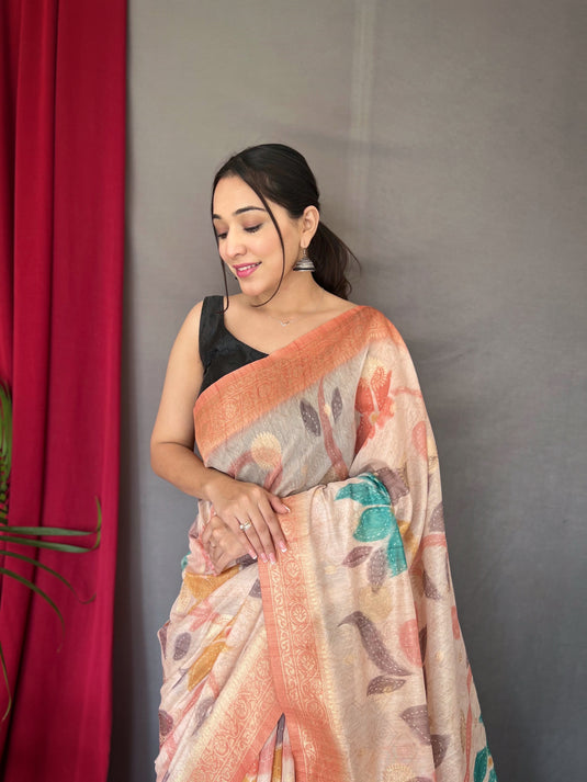 Off White-Orange Pure Chanderi Floral Kantha Silk Saree