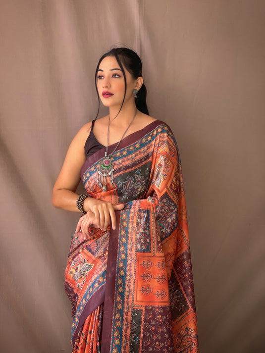 Orange Classic Soft Cotton Kalamkari Digital Print Saree