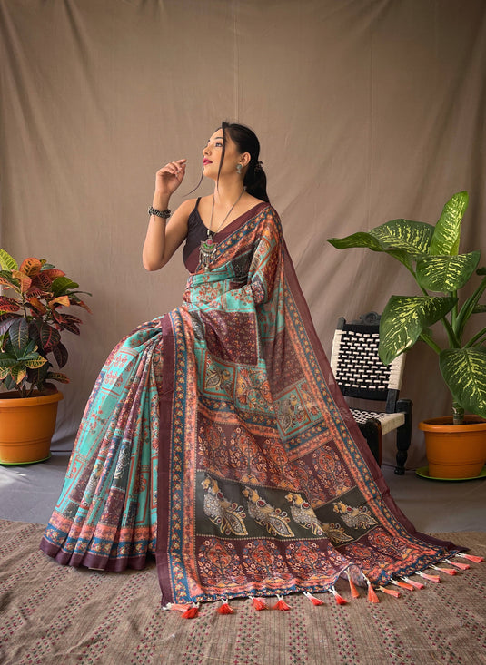 Sky Blue Classic Soft Cotton Kalamkari Digital Print Saree