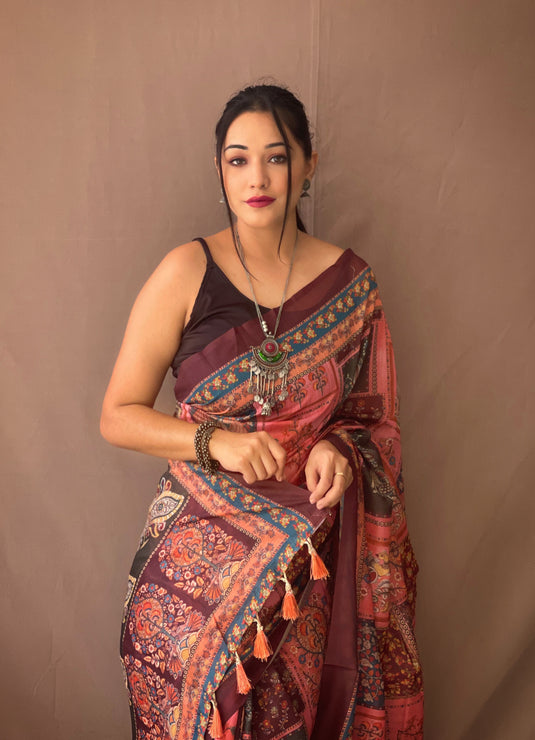 Pink Classic Soft Cotton Kalamkari Digital Print Saree