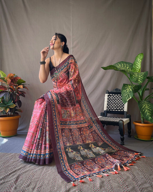 Pink Classic Soft Cotton Kalamkari Digital Print Saree