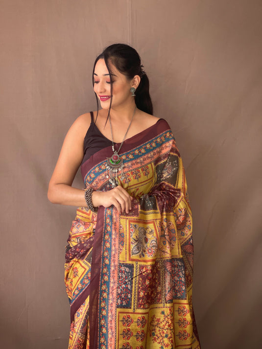 Yellow Classic Soft Cotton Kalamkari Digital Print Saree