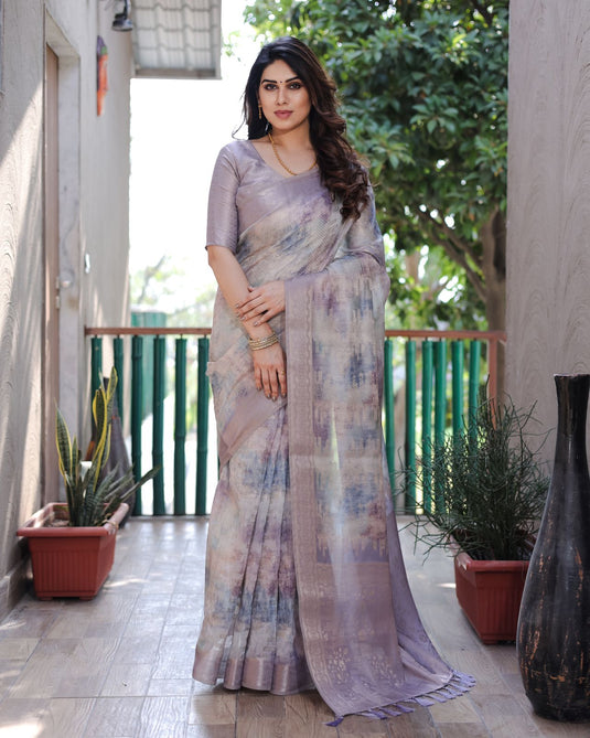 Lavender Soft Silk Prism Pattern Digital Print Saree