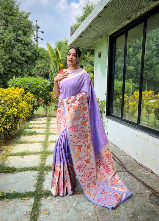 Lavender Classic Pure Paithani Traditional Border Zari Weaving Saree