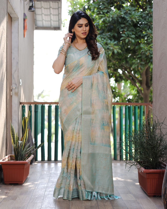 Light Blue Soft Silk Prism Pattern Digital Print Saree