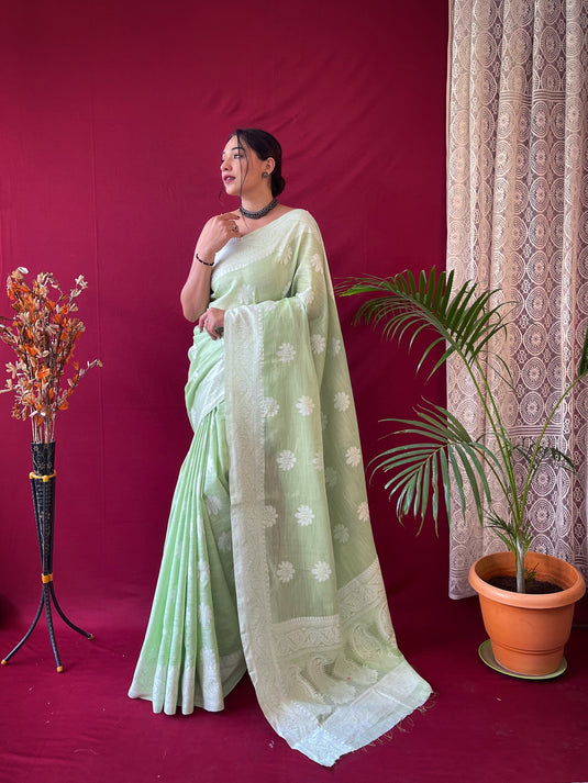 Light Green Pure Linen Lucknowi Weaving Saree