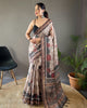 Light Grey pure soft cotton tussar silk elegant print saree