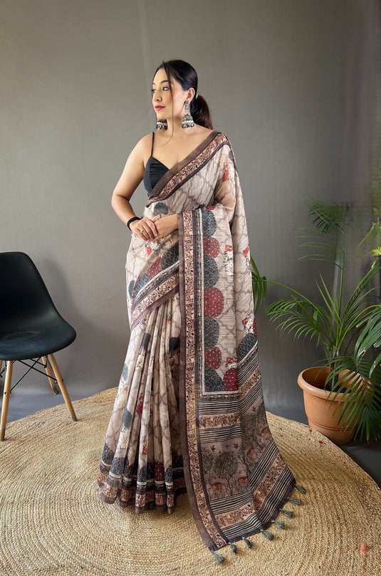 Light Grey pure soft cotton tussar silk elegant print saree