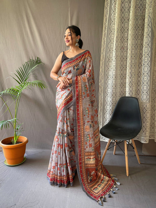 Light Grey Malai Cotton Kalamkari Print Saree