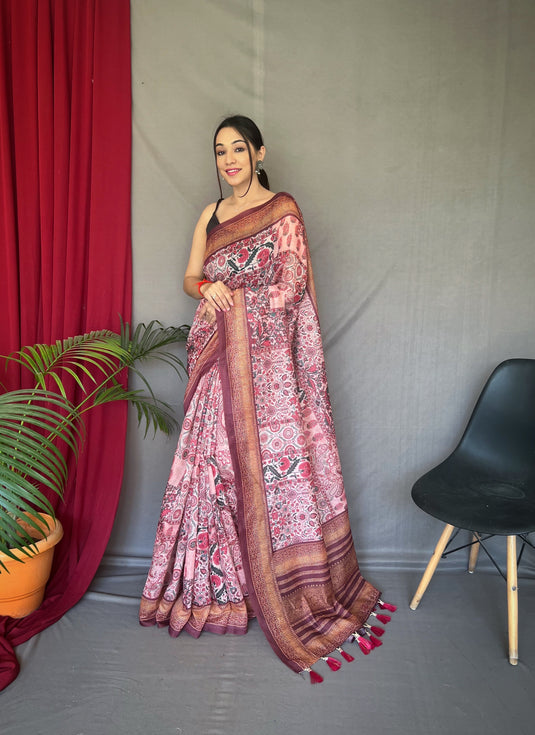 Light Pink Pure Cotton Kashmiri Floral Print Saree