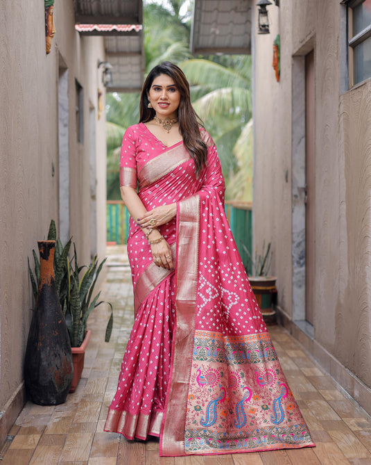 Light Pink Premium Dola Silk Traditional Bandej Saree With Zari Weaving Border