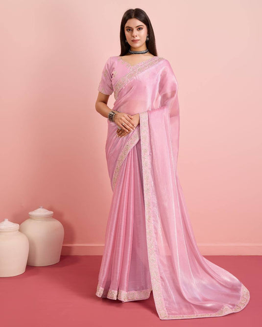 Light Pink Burberry Silk Embroidered Cutwork Border Saree