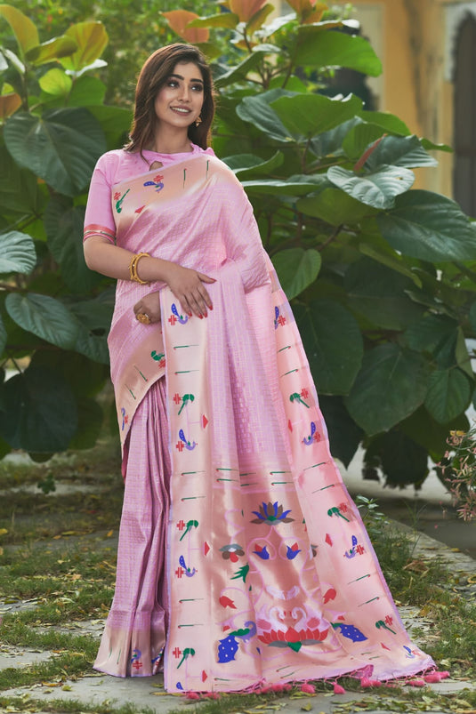 Light Pink Banarasi Soft Silk Paithani Zari Weaving Border Traditional Saree