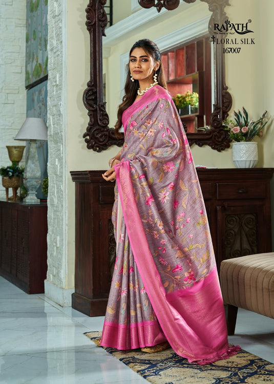 Light Purple Pure Handloom Kotha Silk Floral Printed Zari Weaving Saree