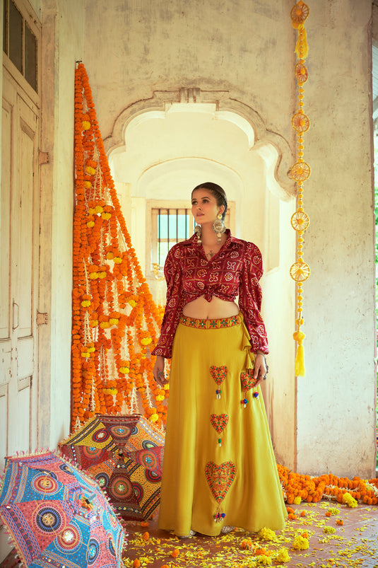 Mustard Yellow-Red Gaji Silk Printed And Embroidered Work Lehenga Choli